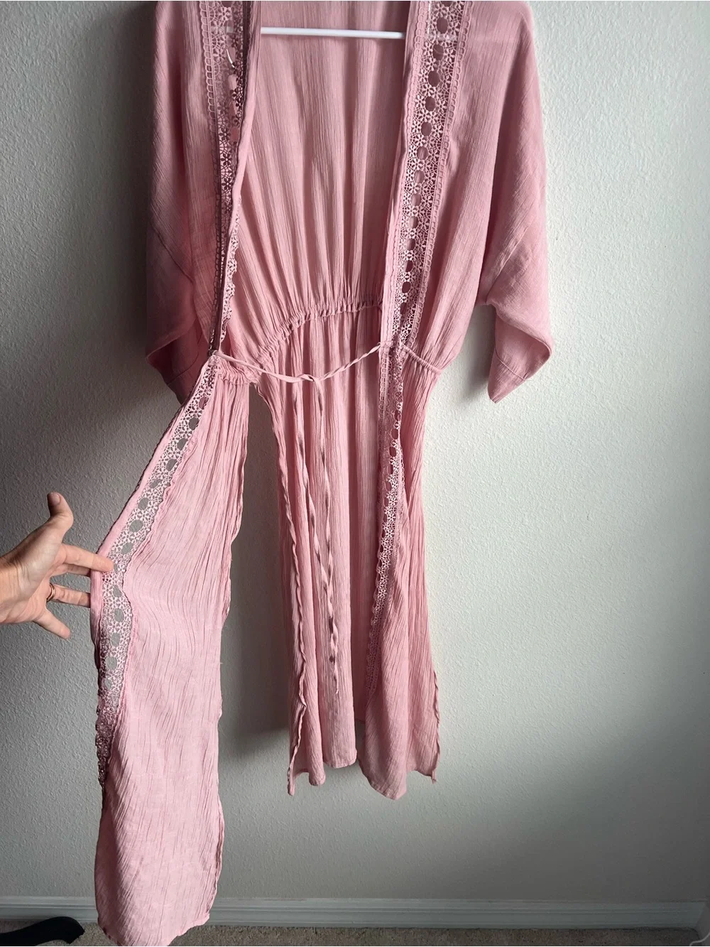 Love Tree Blush Pink Crochet Trim Kimono Duster Cardigan - Picture 2 of 10